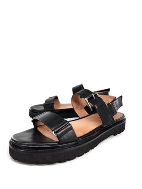 Madewell The Cady Black Leather Slingback Open-Toe Flat Lug-Sole Sandals